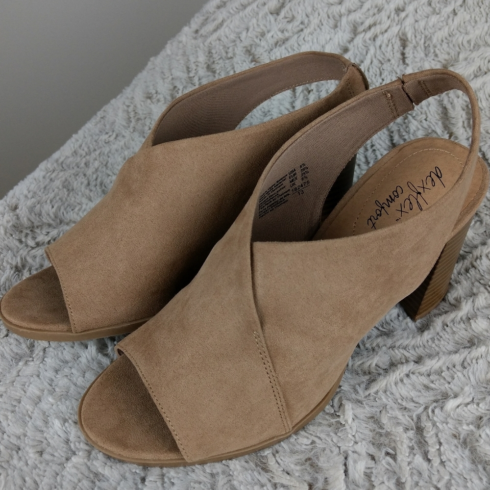 Alex Flex Taupe Suede Peep Toe Sling Back Block Heels